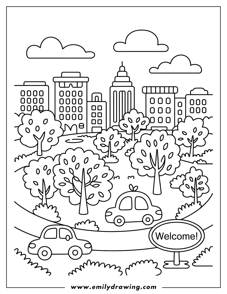 Line art illustration of a city park scene. Two simple cars drive on a road toward a