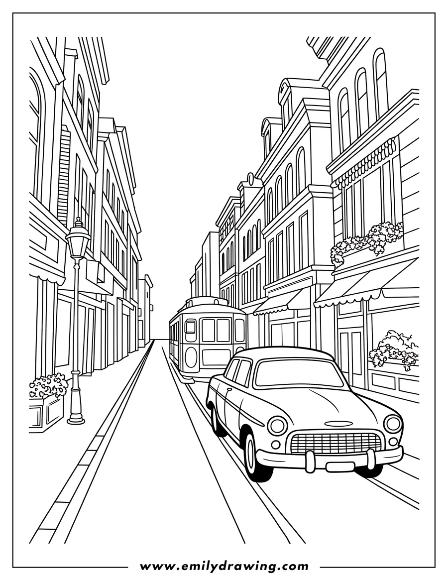 Outline of a city street scene with a vintage car, a tram, buildings, shops, a lamppost, and flower boxes.
