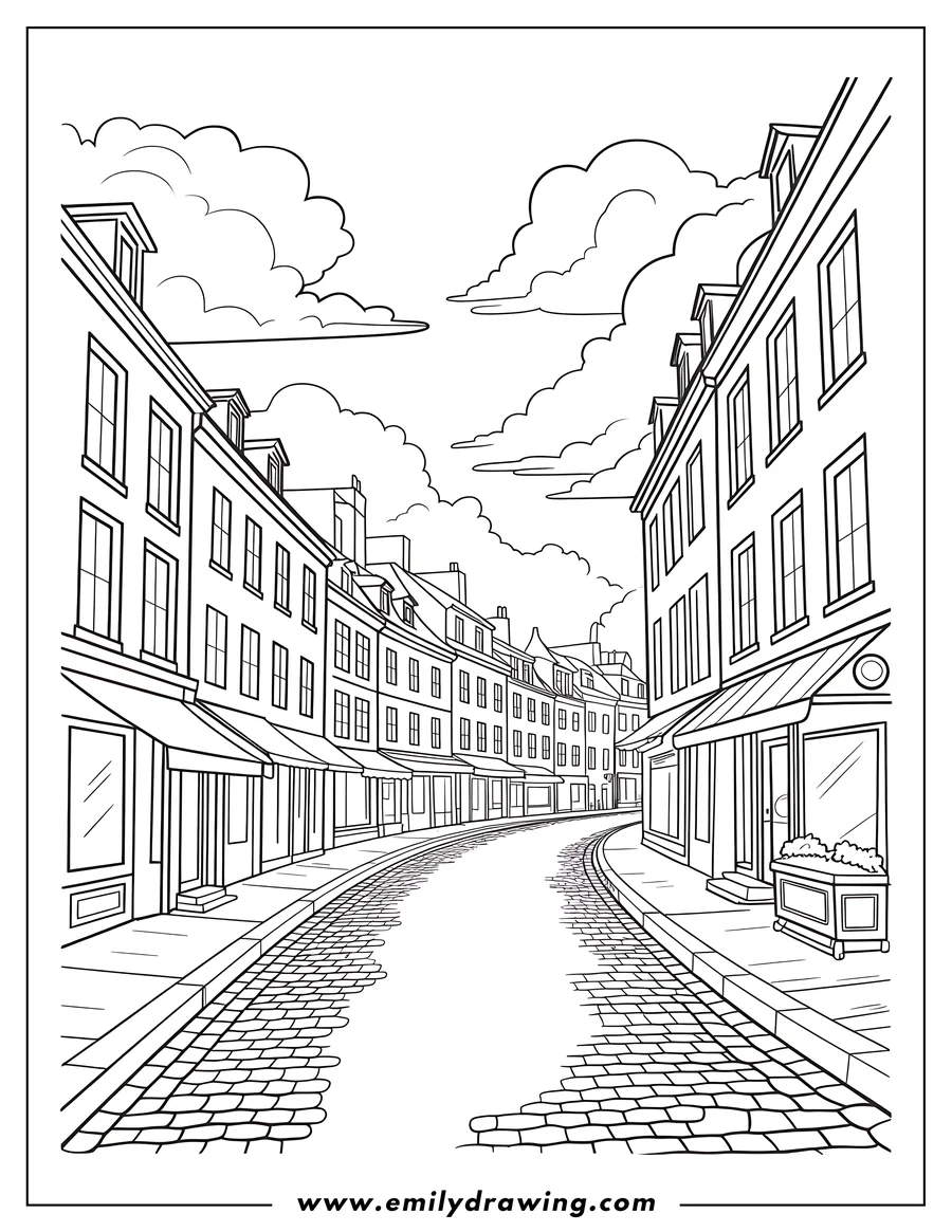 Outline of a city street lined with buildings and shops.