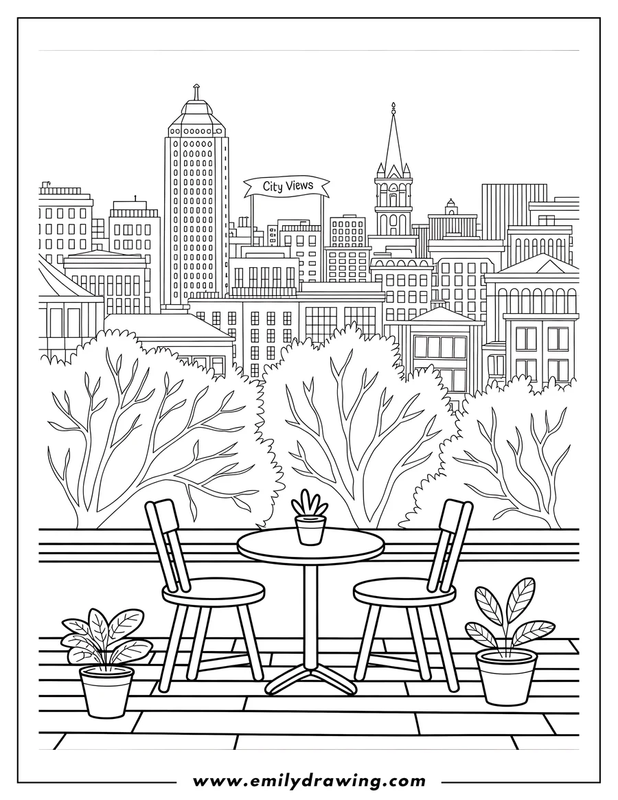 Outline of a city view from a balcony with a table, two chairs, and potted plants in the foreground, and various buildings and a banner reading 'City Views' in the background.