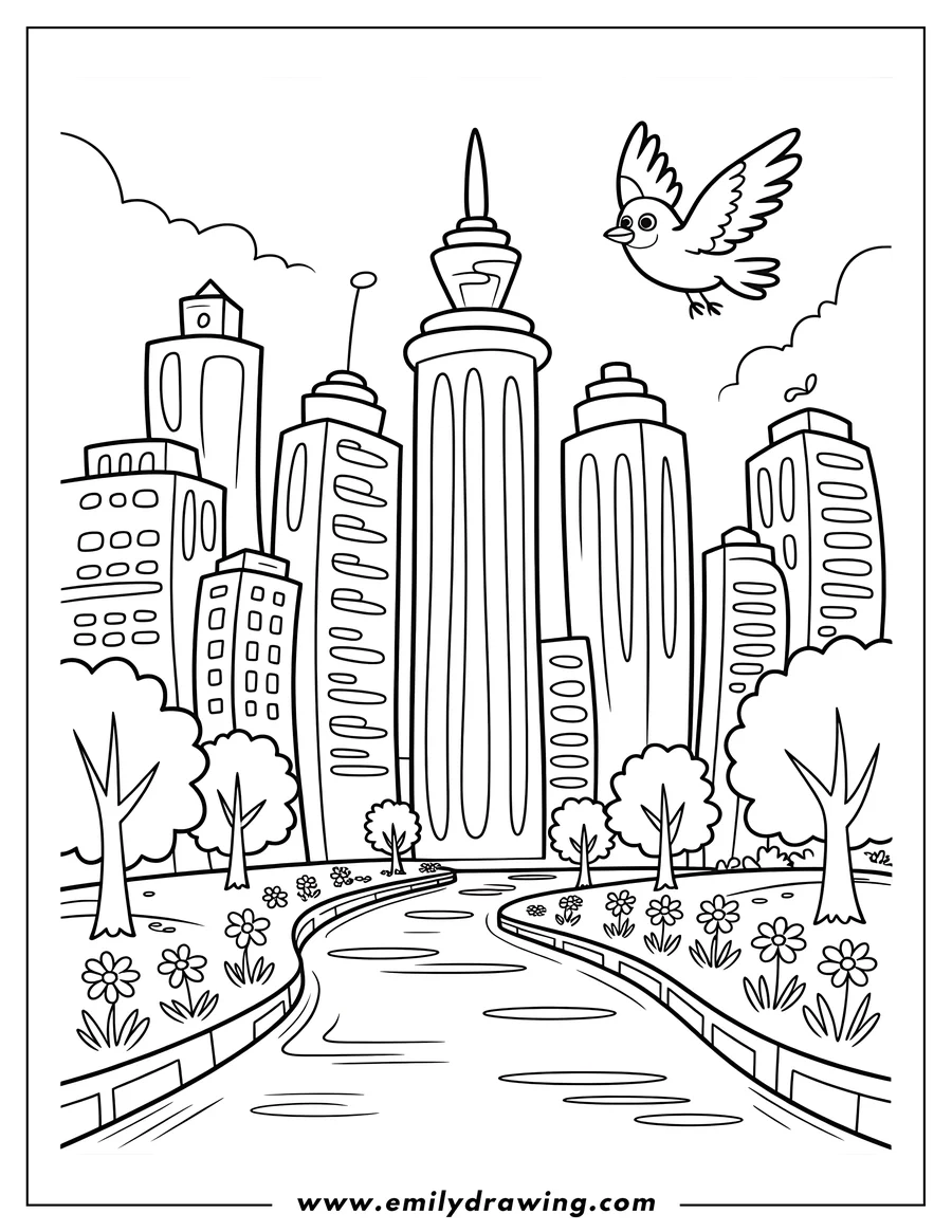 Line art of a city scene with a bird flying overhead, tall buildings, trees, flowers, and a winding river or stream.