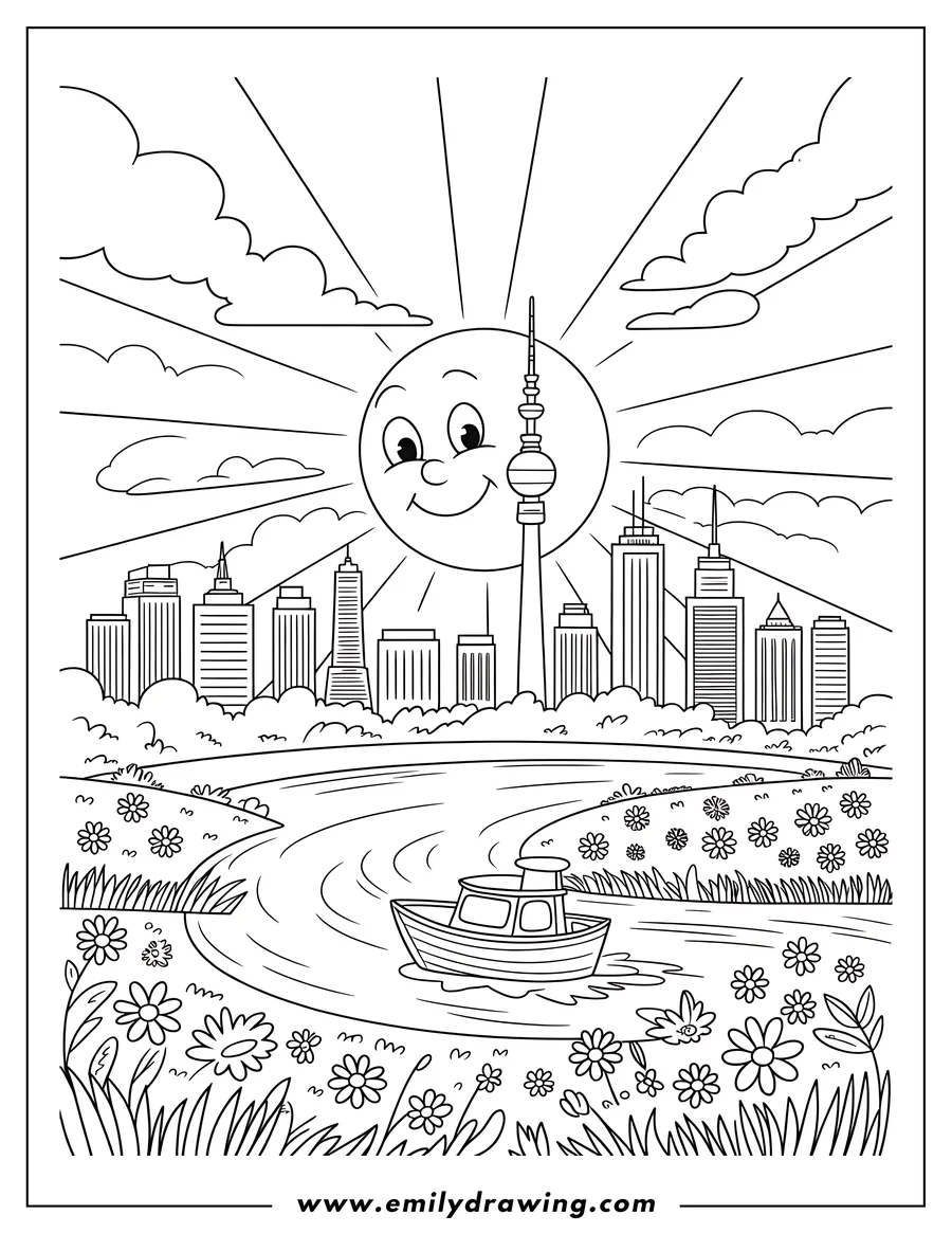 Line art of a cityscape with a smiling sun, a boat on a river, and flowers along the banks.