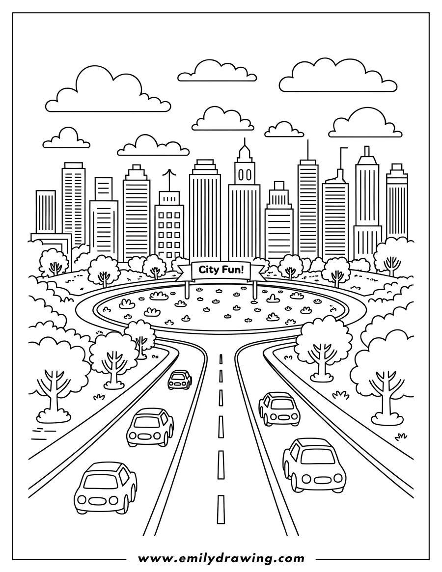 Outline of cars driving on a road leading towards a city park and skyscrapers under a cloudy sky.