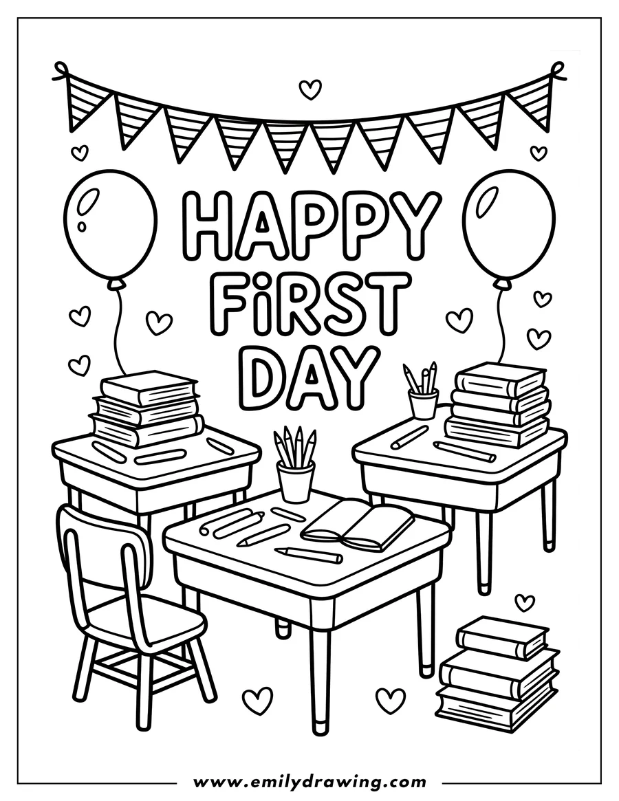 Line art of a classroom scene with desks, books, colored pencils, and festive banners and balloons. The words 'Happy First Day' appear above the desks.