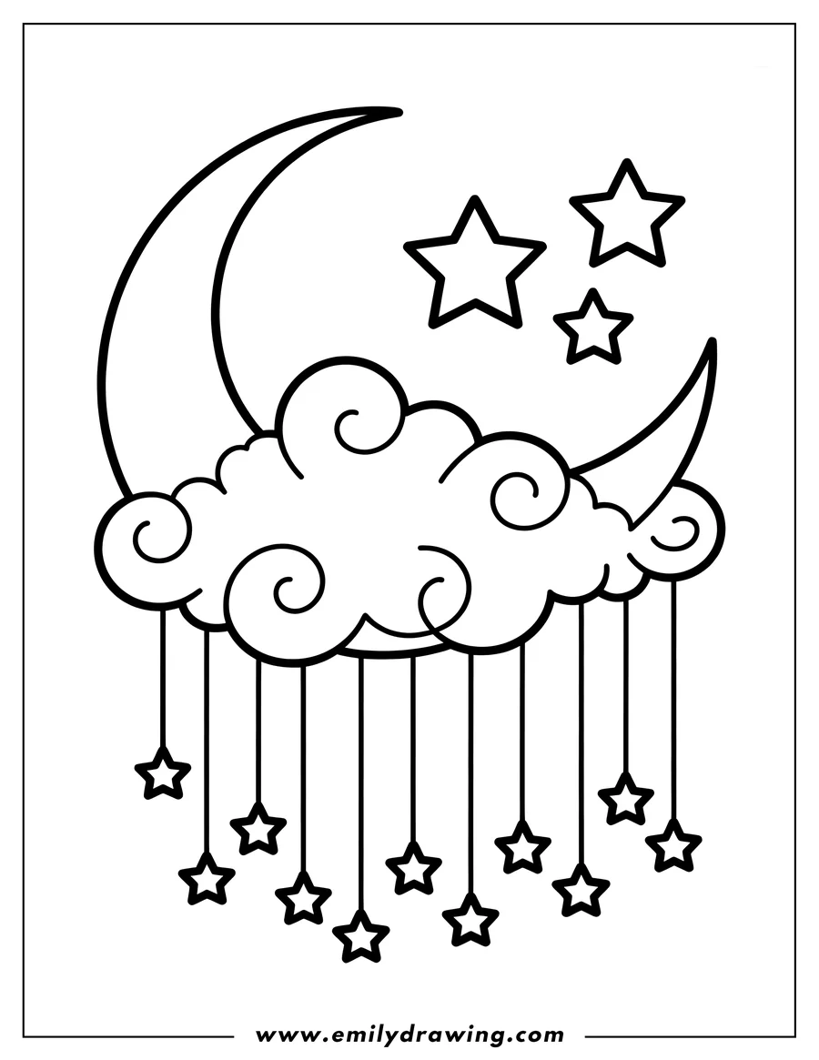 Outline of a cloud with several strings attached to it with hanging stars.