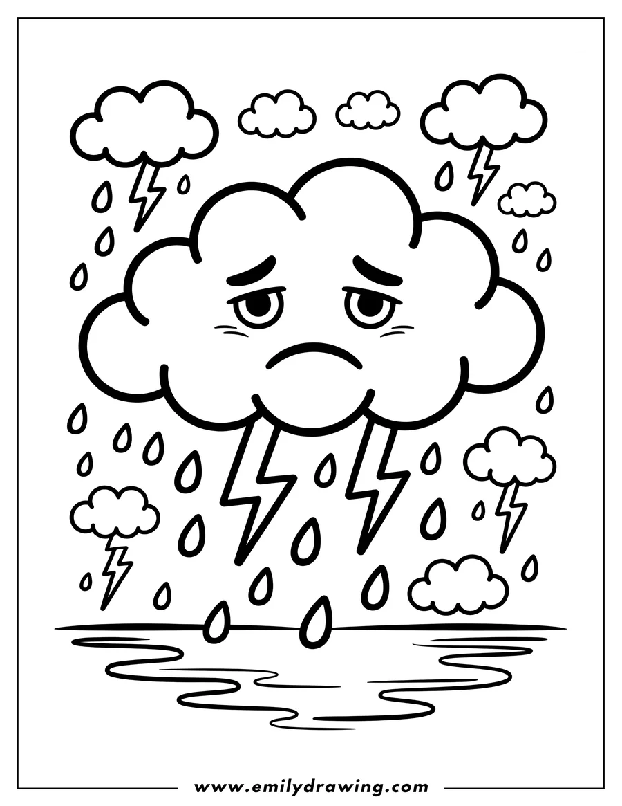 Line art of a large cloud with a sad face making rain and lightning above a puddle.