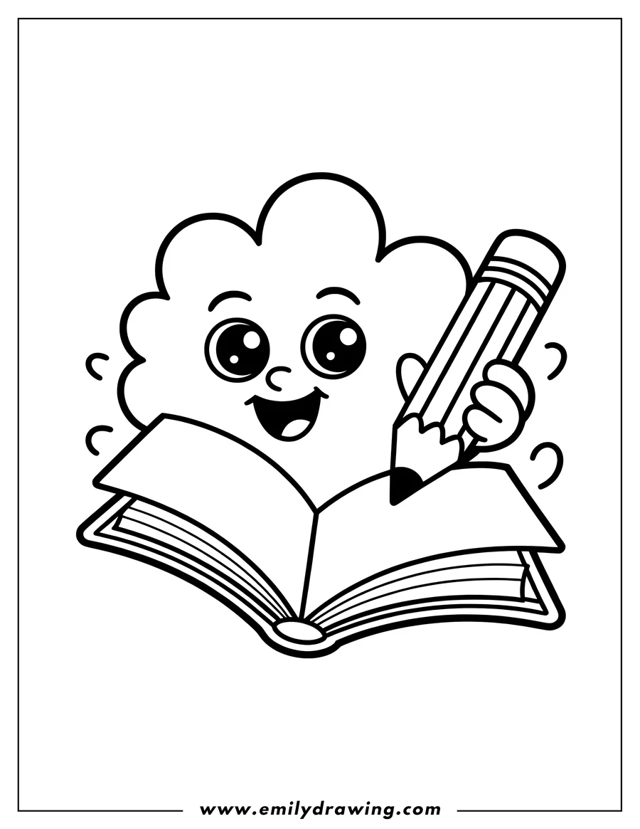 Line art of a cheerful cloud holding a pencil and writing in an open book.