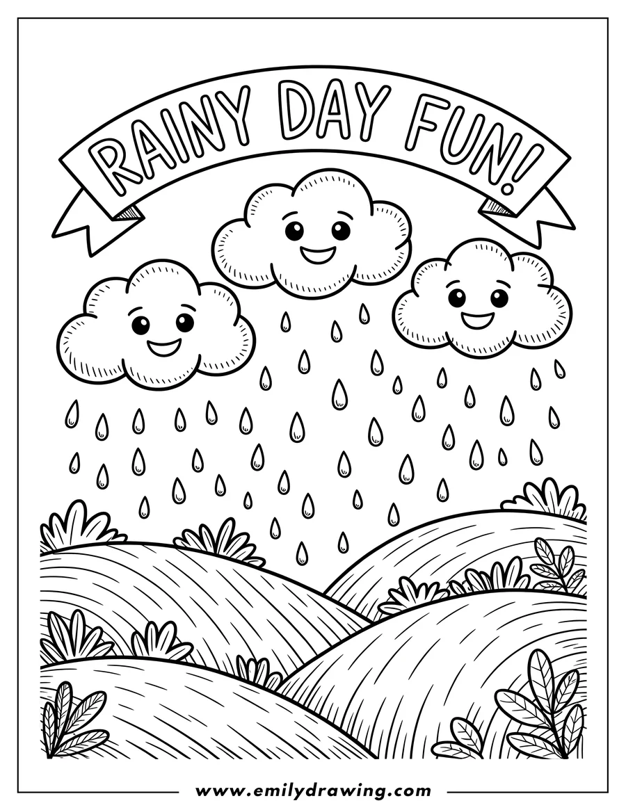Line art of two smiling clouds raining over rolling hills.