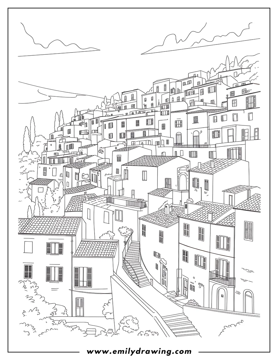 Outline of a picturesque coastal city nestled on a hillside, featuring numerous houses, steps, trees, and the sea in the background.