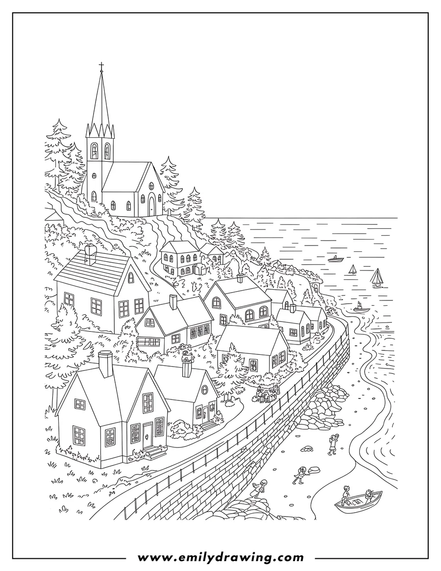 Line art of a charming coastal town by the sea, featuring houses, a church, trees, and sailboats in the water. Children are playing by the water, ready for coloring.