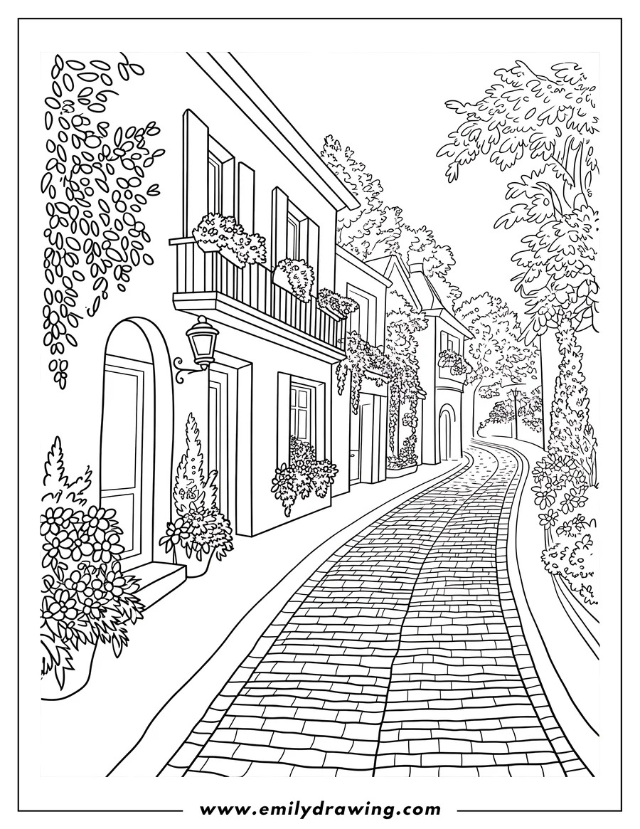 Outline of a picturesque cobblestone street lined with houses, flowers, and trees.