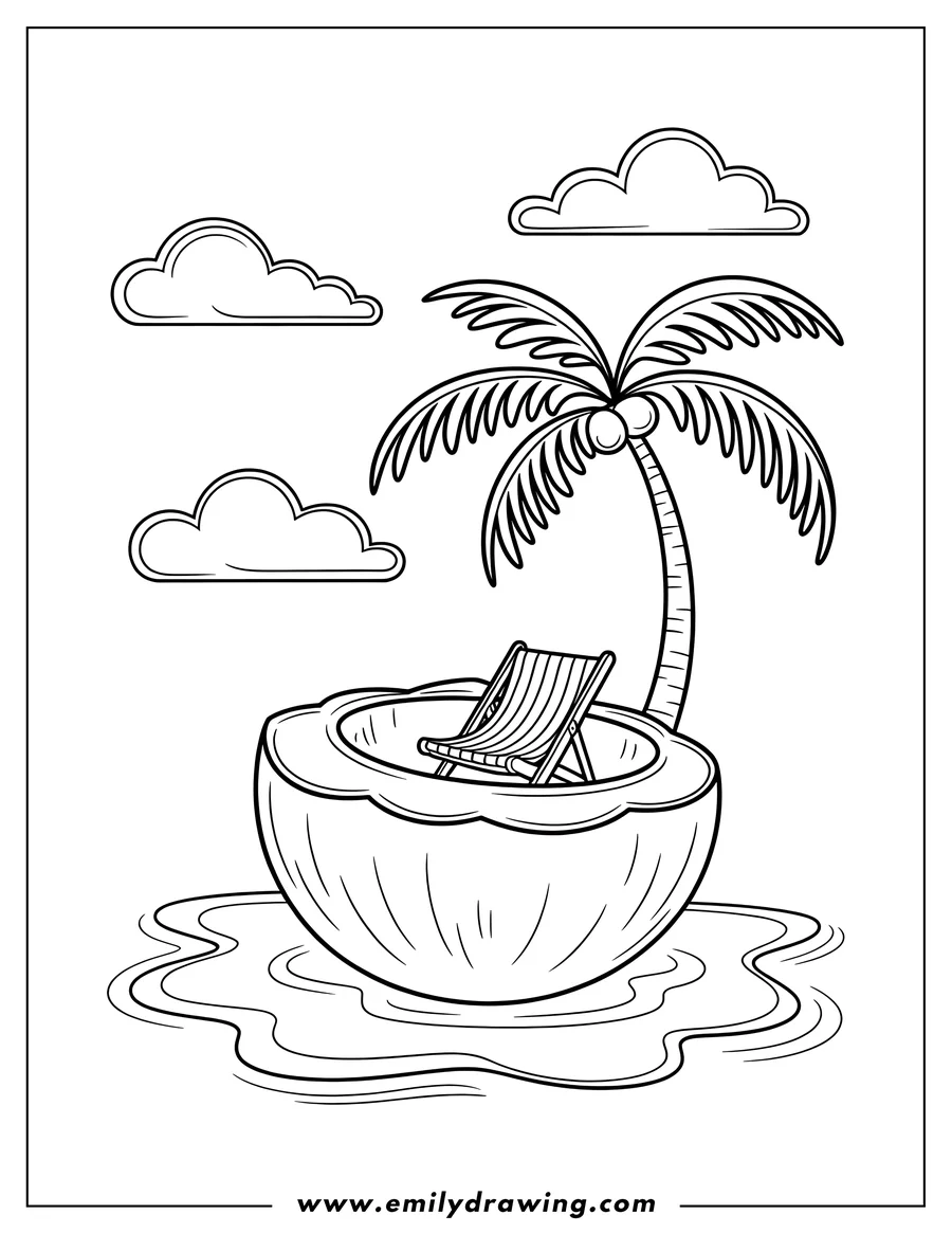 Outline of a coconut boat with a palm tree growing inside, floating on water with clouds in the sky.