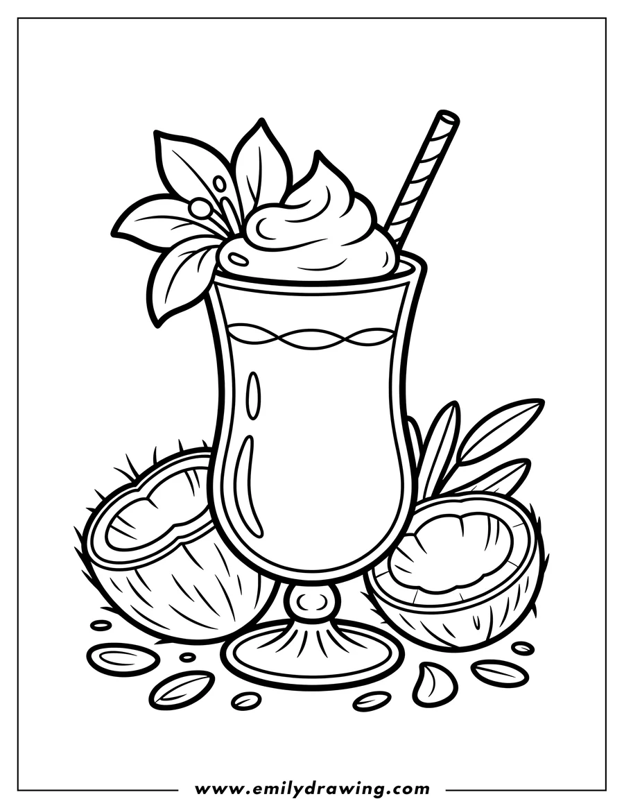 Line art of a coconut cocktail in a stemmed glass, garnished with a flower and whipped cream. Two coconut halves and loose coconut flakes are arranged around the glass.