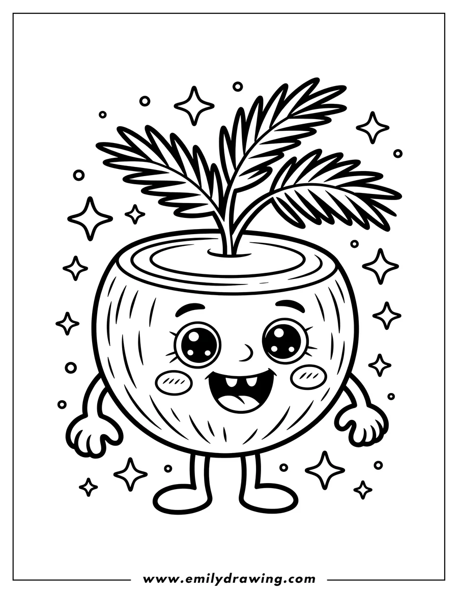 Line art of a happy coconut with large eyes, a wide smile, and two leaves sprouting from the top.
