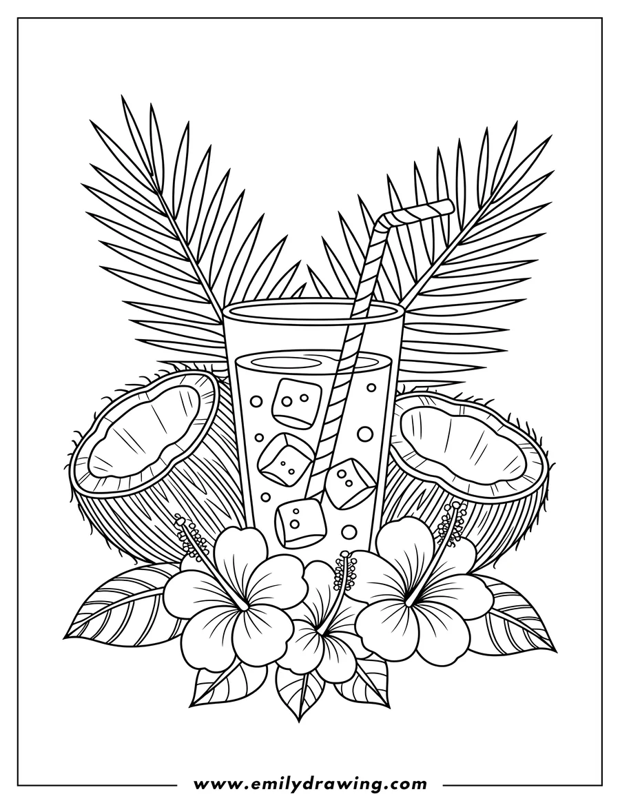 Line art illustration of a refreshing coconut drink with ice cubes, a striped straw, two half coconuts, palm leaves, and hibiscus flowers.