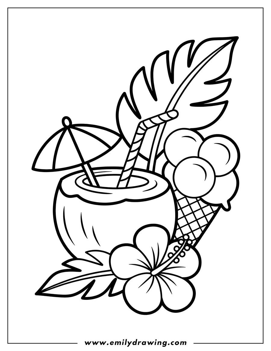 Outline of a coconut drink with an umbrella and straw, next to a scoop of ice cream and tropical leaves and flower.