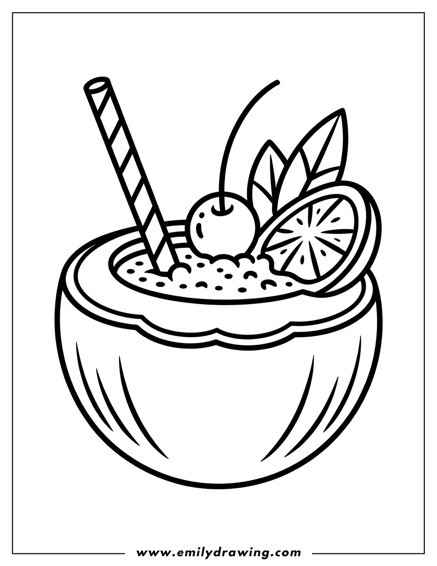 Outline of a coconut drink with a straw, cherry, orange slice, and leaves.