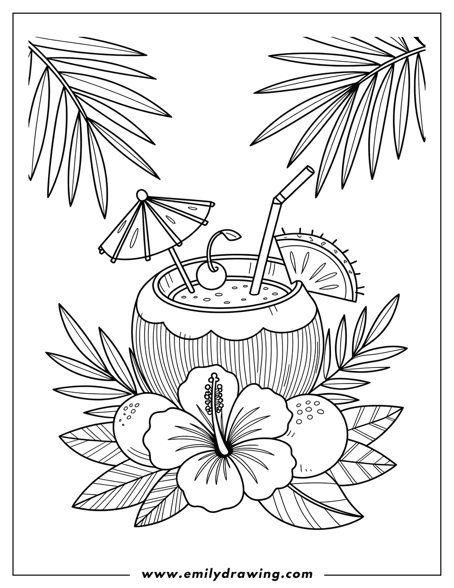 Line art of a coconut drink with a small umbrella, cherry, orange slice, and hibiscus flower.