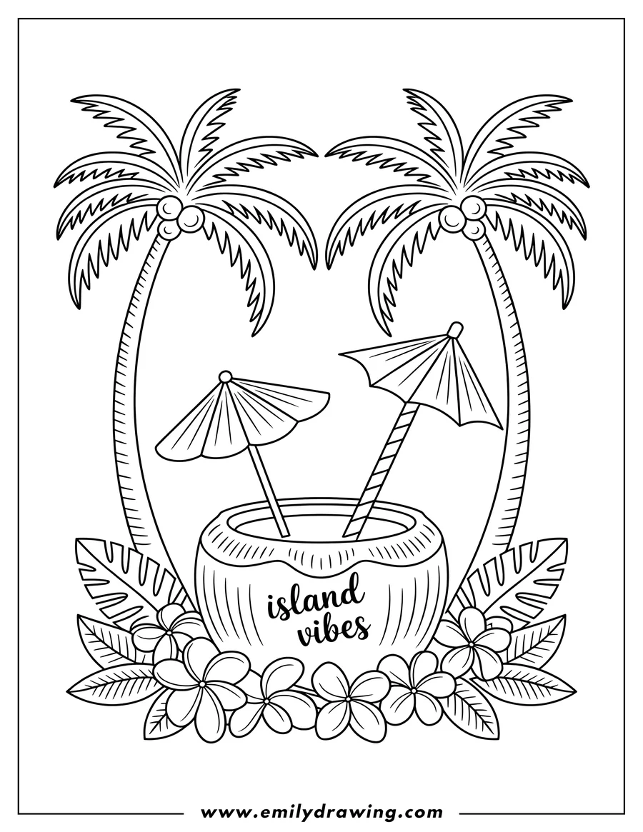 Line art of a coconut drink with two small umbrellas, framed by palm trees, leaves and plumeria flowers. The coconut says 'Island Vibes'.
