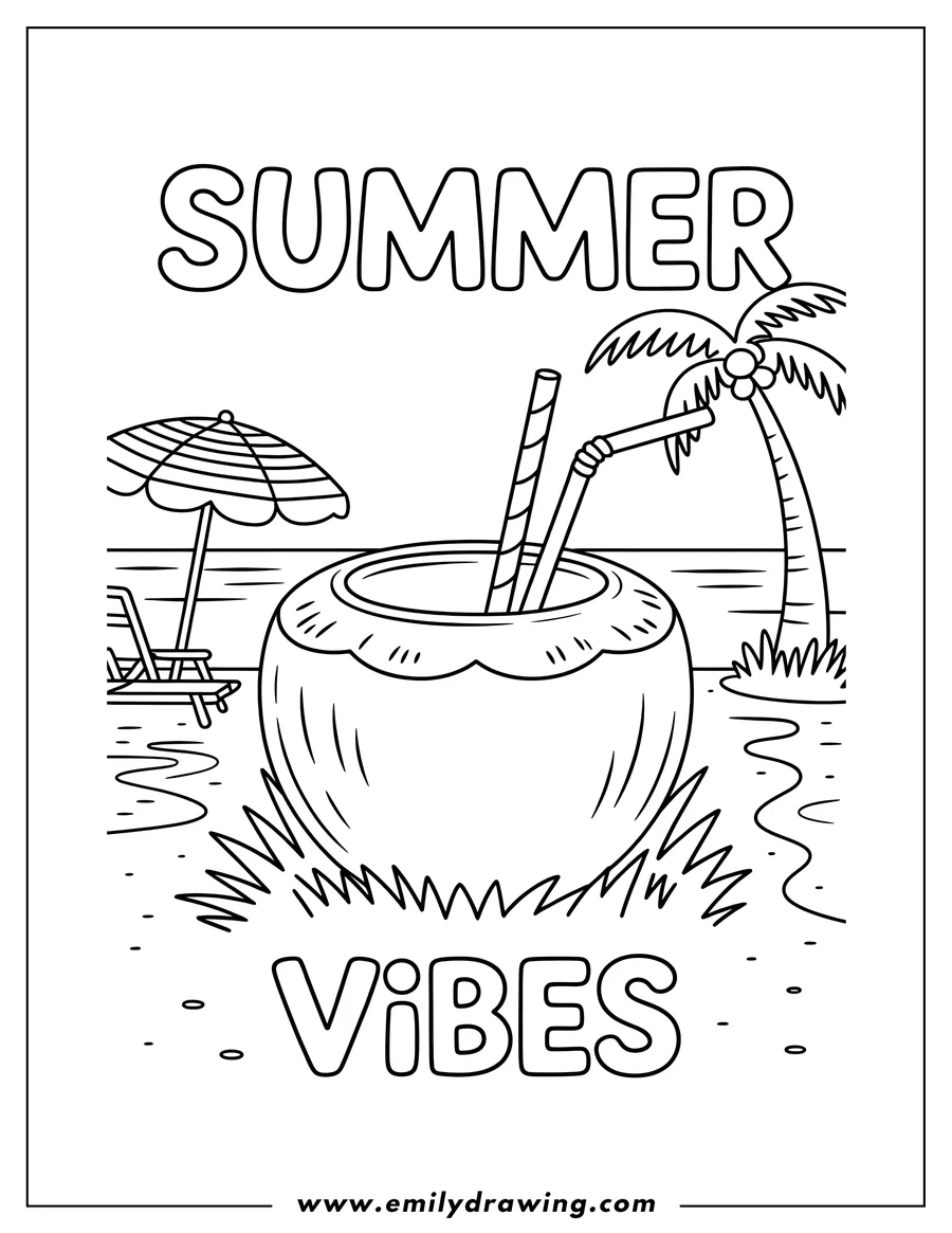 Line art of a coconut with two straws on a beach with a palm tree, beach umbrella and chair in the background.