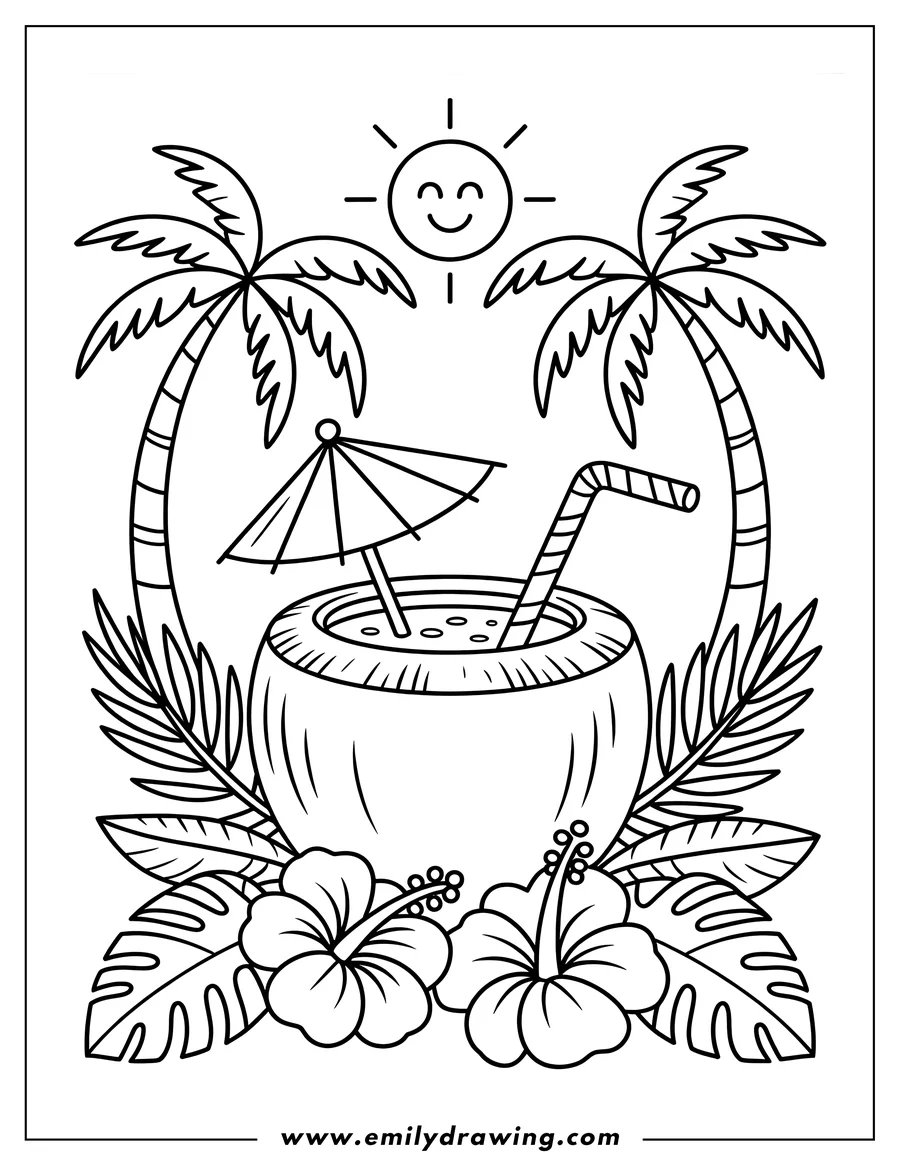 Outline of a coconut drink with an umbrella, straw, palm trees, hibiscus flowers, and tropical leaves.