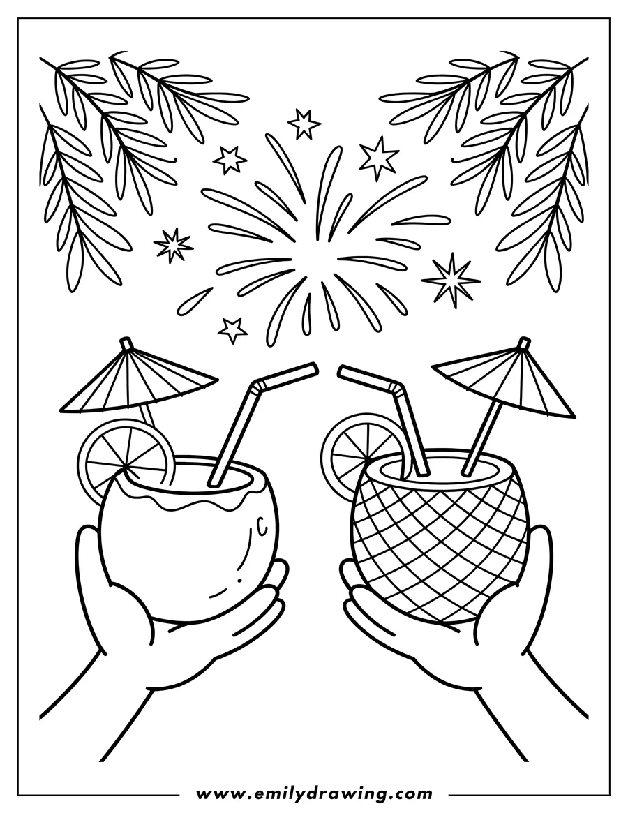 Line art of two hands holding coconut drinks with umbrellas, orange slices, and straws, under a burst of fireworks.