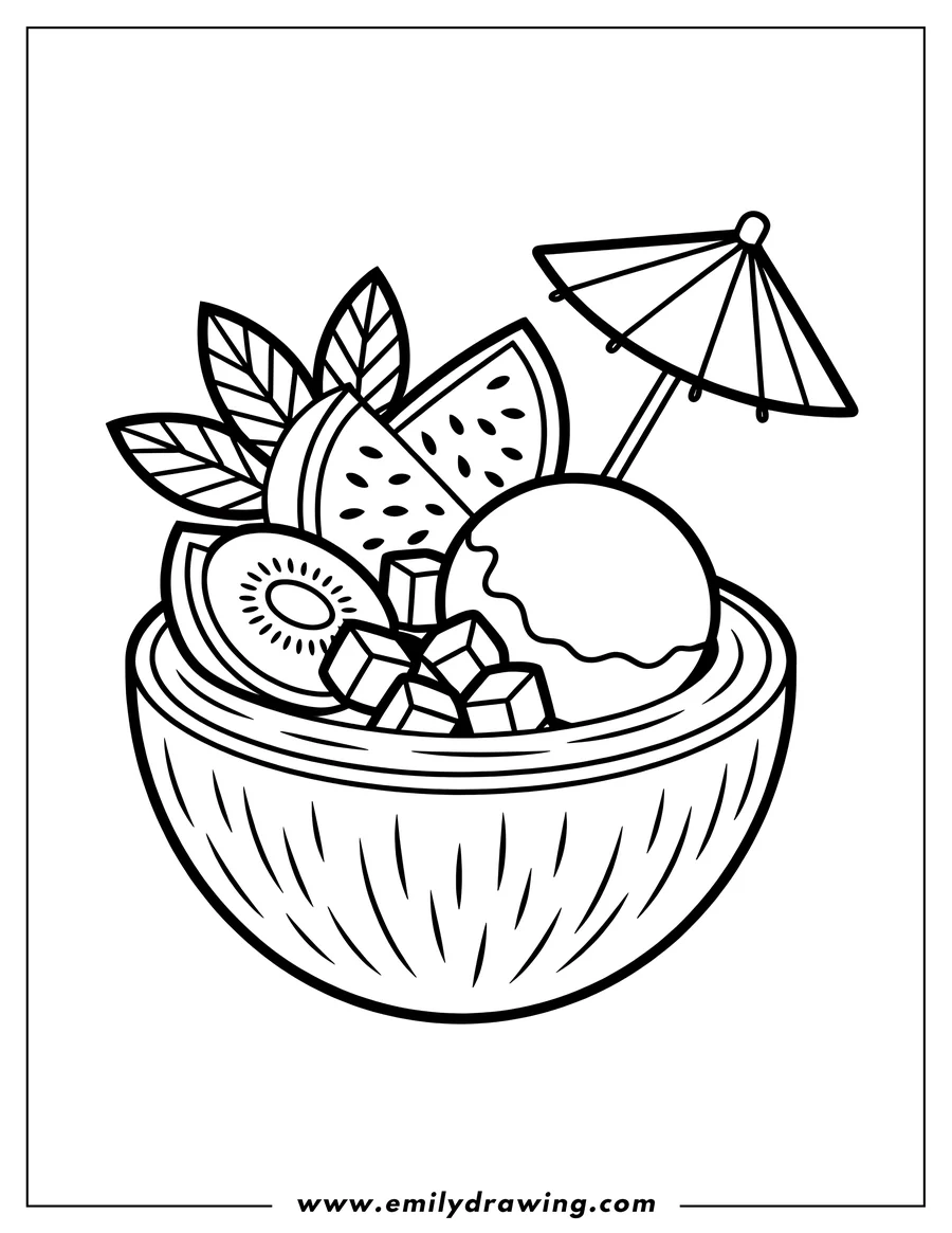 Line art of a coconut bowl filled with fruit salad, including watermelon, kiwi, and diced fruit, topped with a scoop of ice cream and a small paper umbrella.