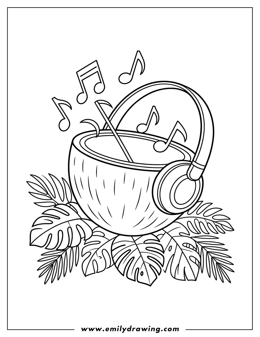 Outline of a coconut wearing headphones, surrounded by tropical leaves and music notes.