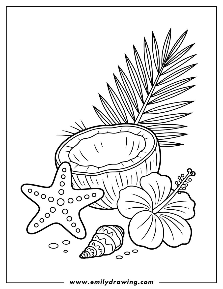 Line art illustration of a cracked open coconut with a palm frond behind it, a hibiscus flower, a starfish, a seashell, and bubbles.