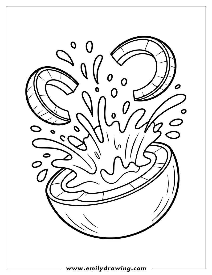 Outline of a coconut half-filled with milk and coconut slices with splashes of milk around it.