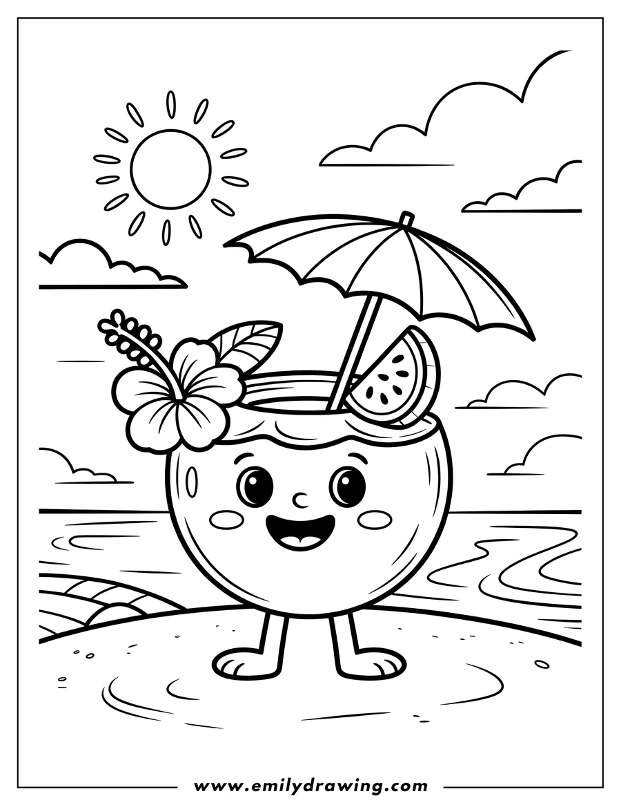 Line art of a happy coconut drink with an umbrella, hibiscus flower, and watermelon slice on a sunny beach.