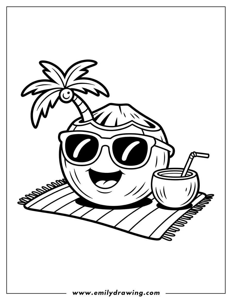Line art of a smiling coconut wearing sunglasses, with a small palm tree on top and a coconut drink beside it, all placed on a striped beach mat.