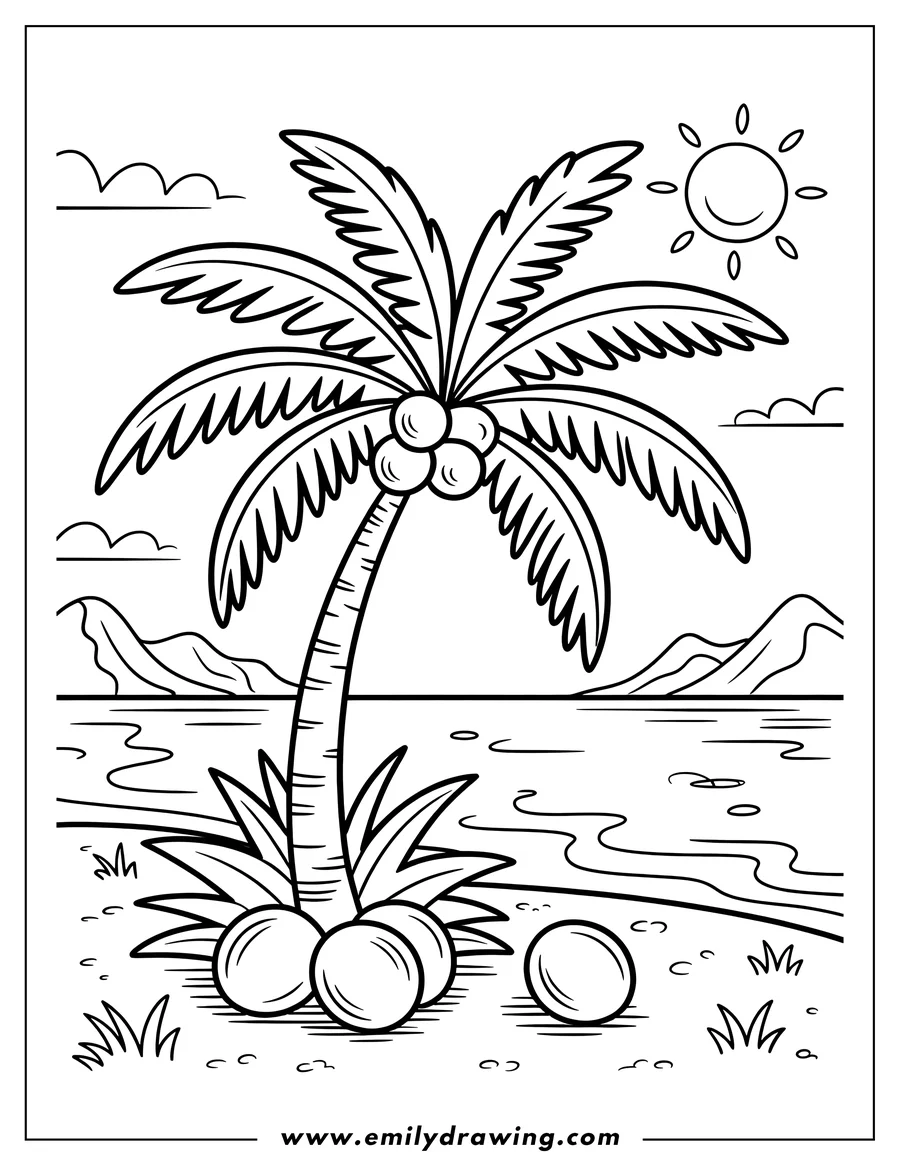 Outline of a coconut palm tree on a sunny beach with coconuts on the tree and on the ground beside the water.