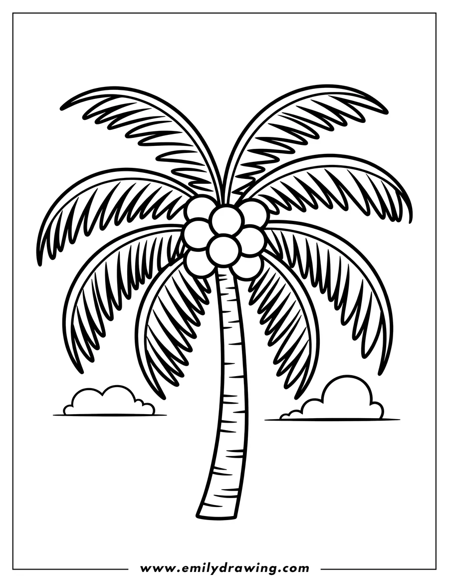 Line art of a coconut palm tree with coconuts and two clouds.