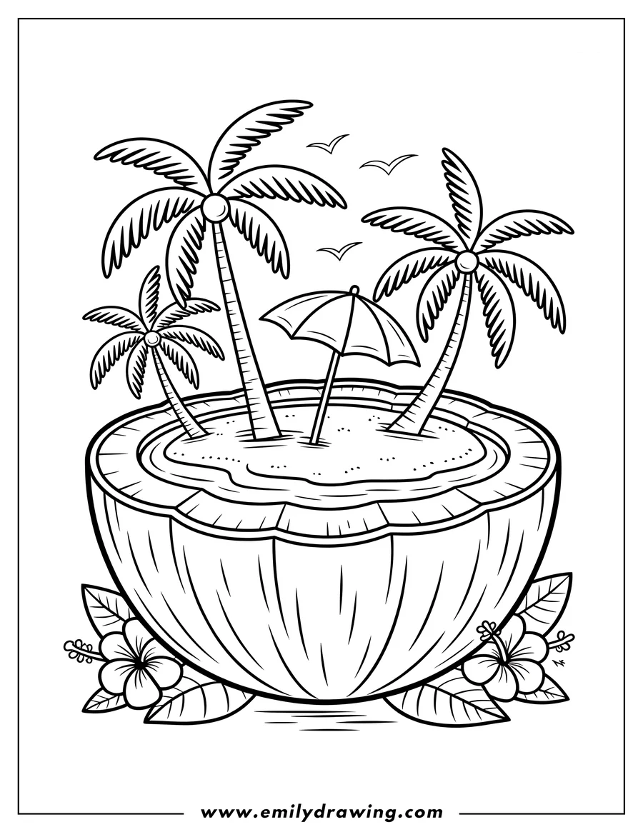 Outline of a large open coconut with palm trees, a beach umbrella, and hibiscus flowers.