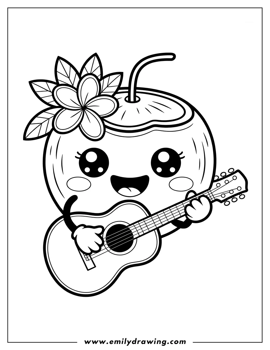 Line art of a cute, smiling coconut playing a guitar, with a flower tucked behind its ear.