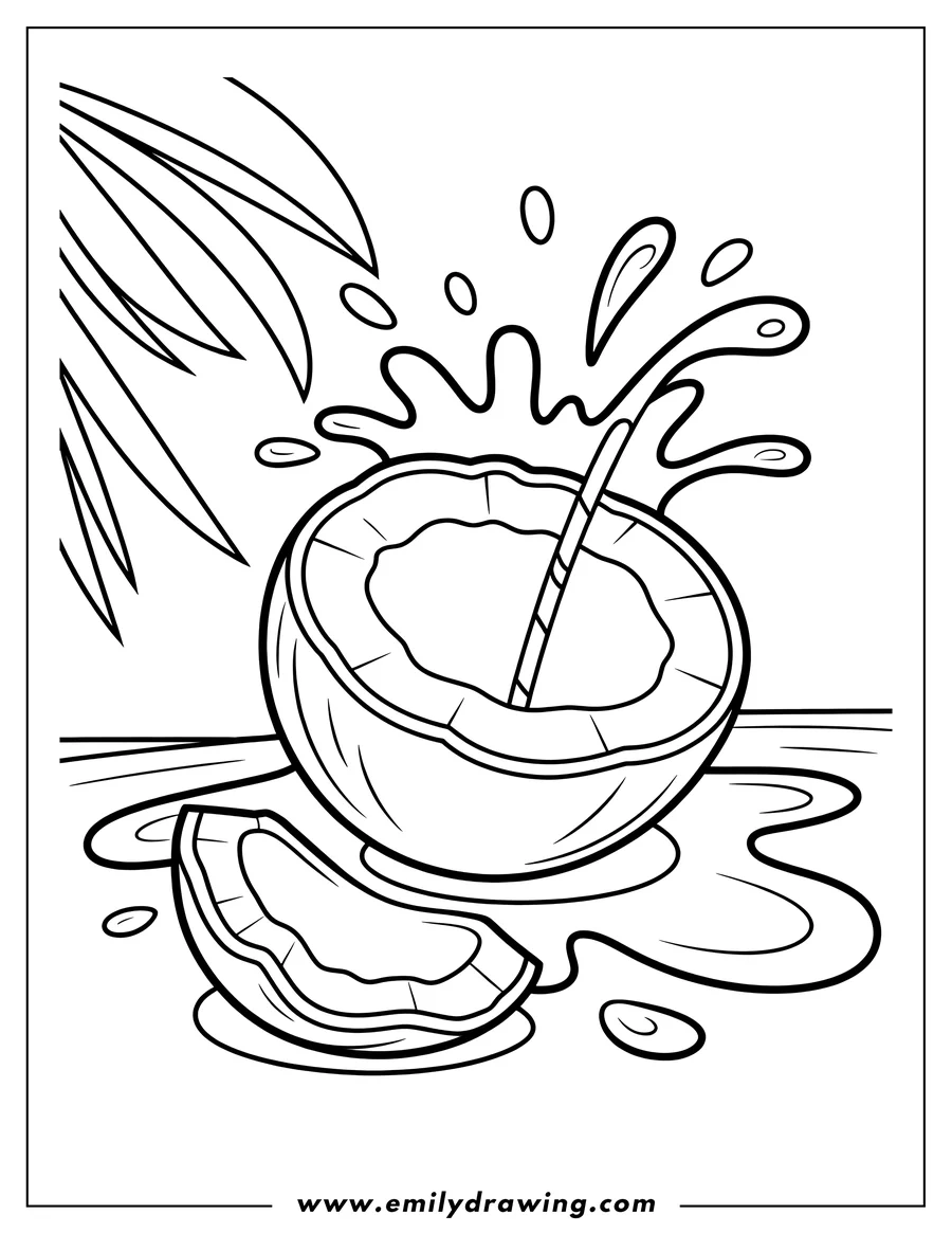 Line art of a coconut with a straw, juice splashing out. A slice of coconut lies beside it. A palm leaf hangs overhead.