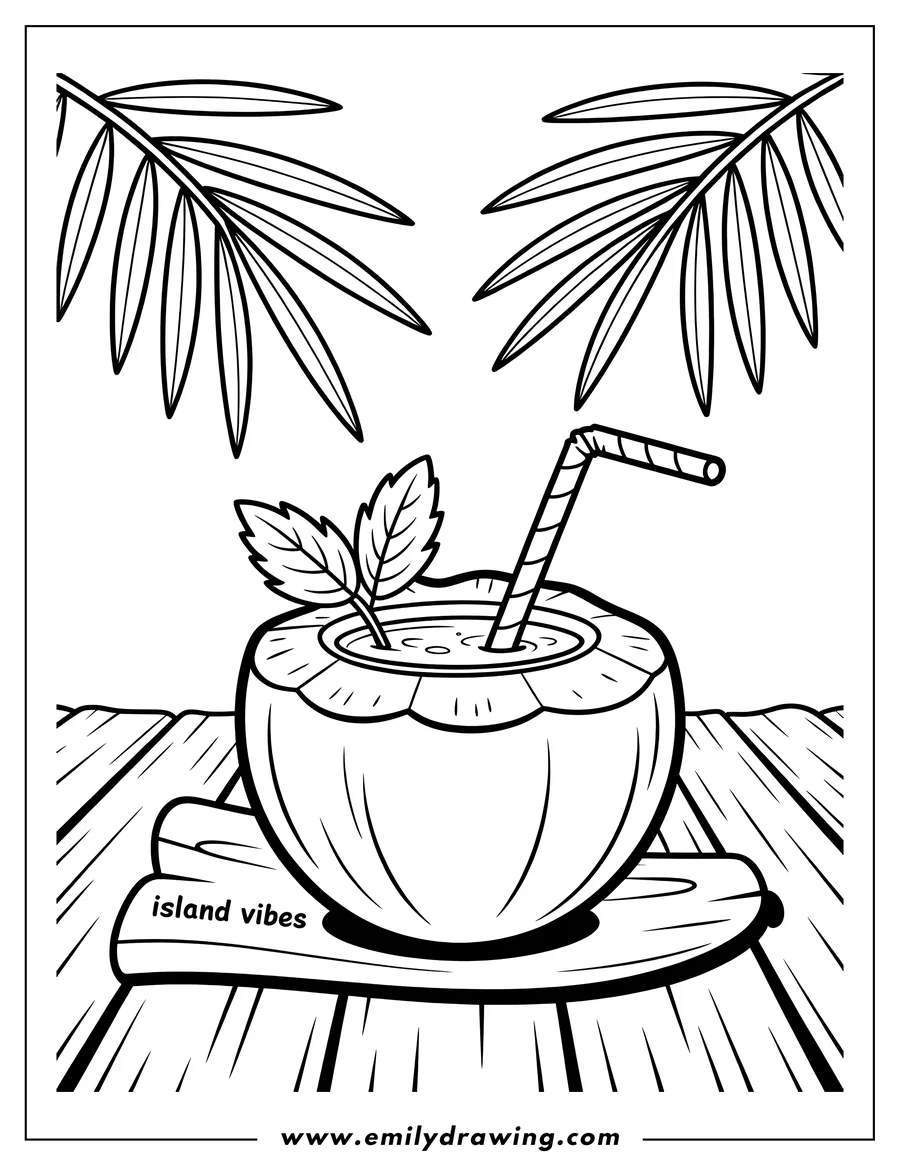Line art of a coconut with a straw and mint leaves, ready to be colored.