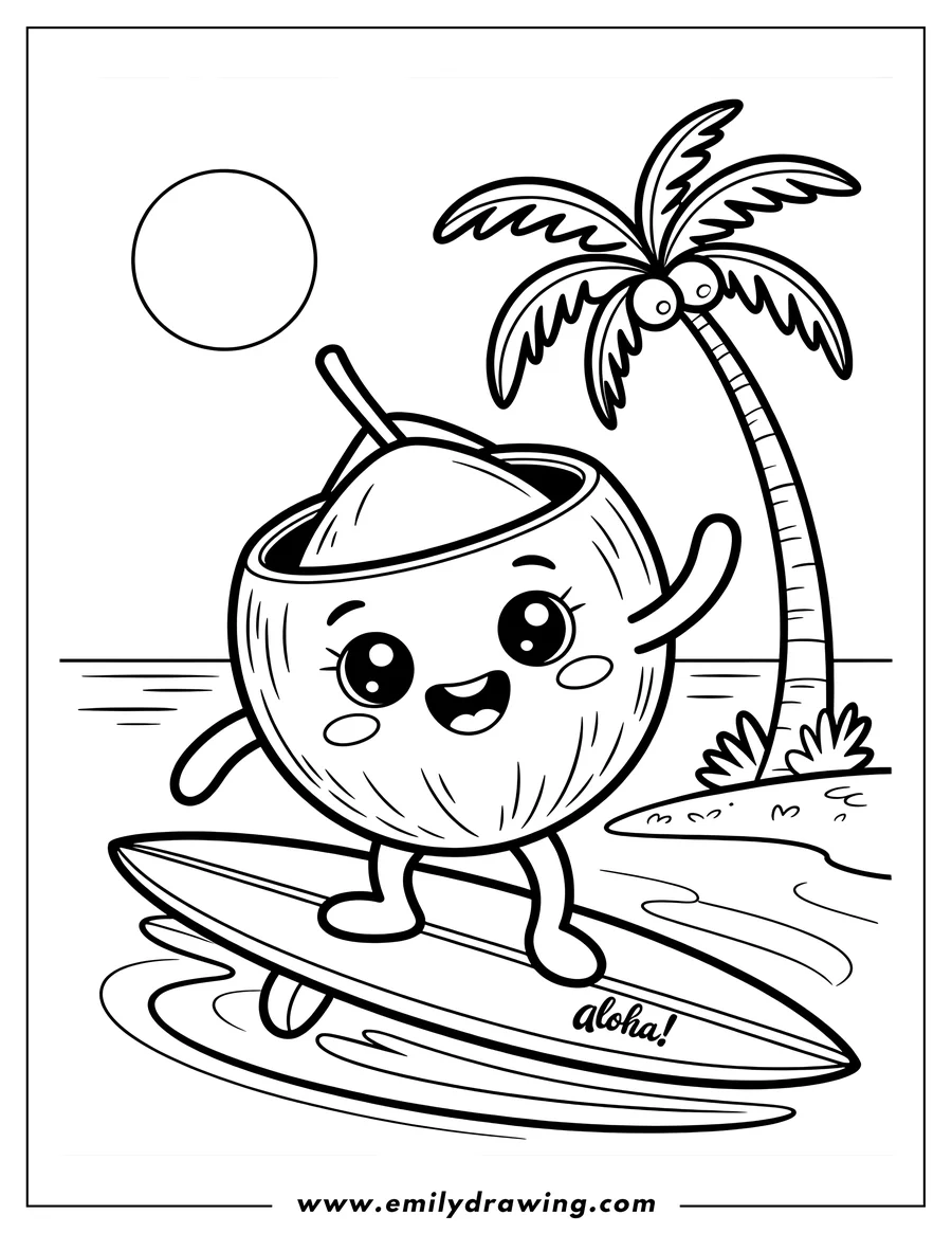Outline of a happy coconut surfing on a surfboard with a palm tree on a small island in the background.