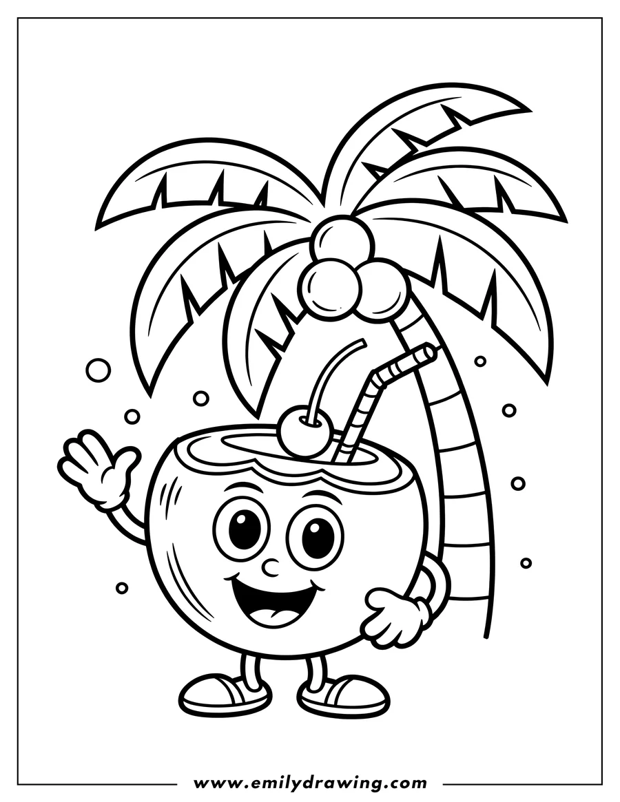 Line art of a happy coconut with a straw and cherry, waving under a palm tree.