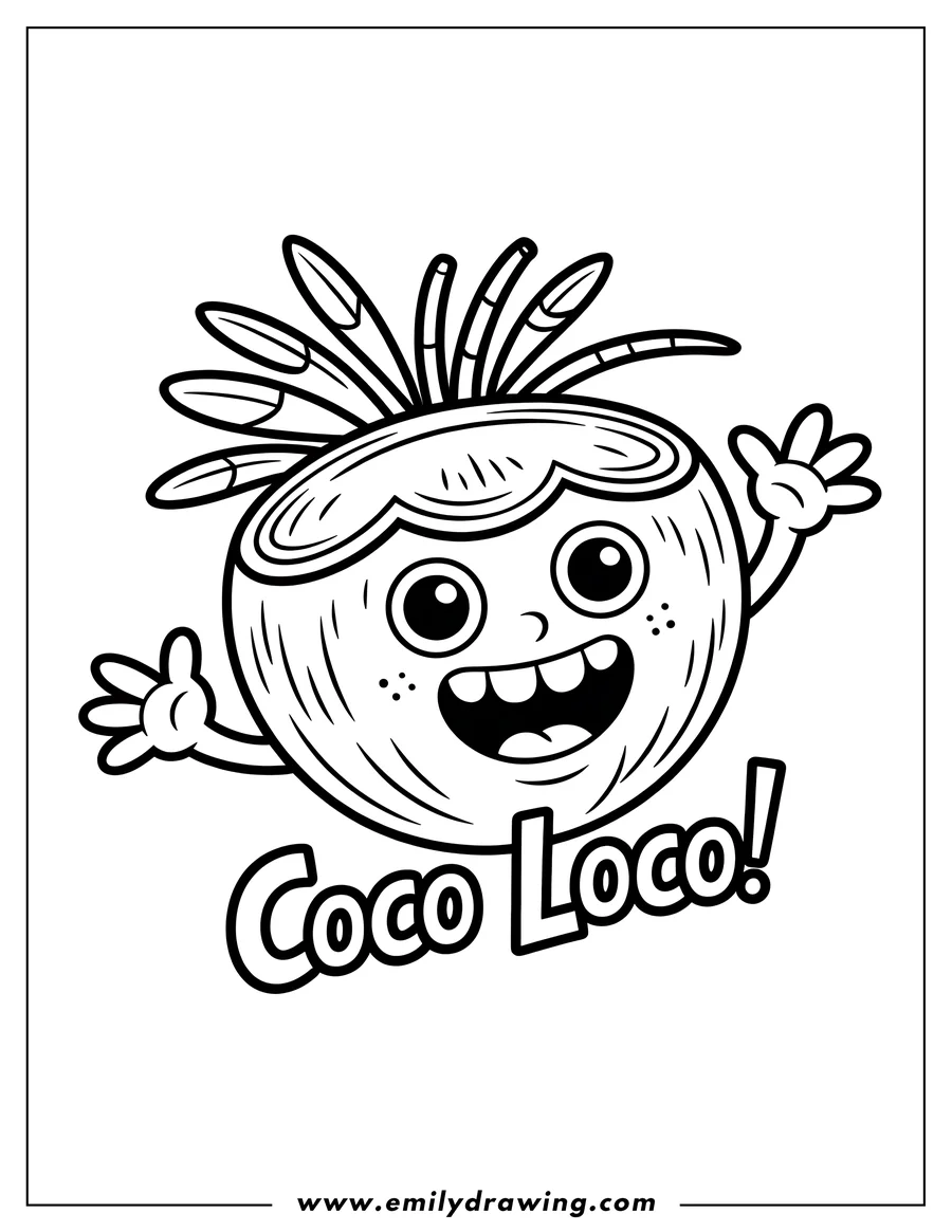 Line art of a happy, waving coconut with the words 'Coco Loco' beneath it.