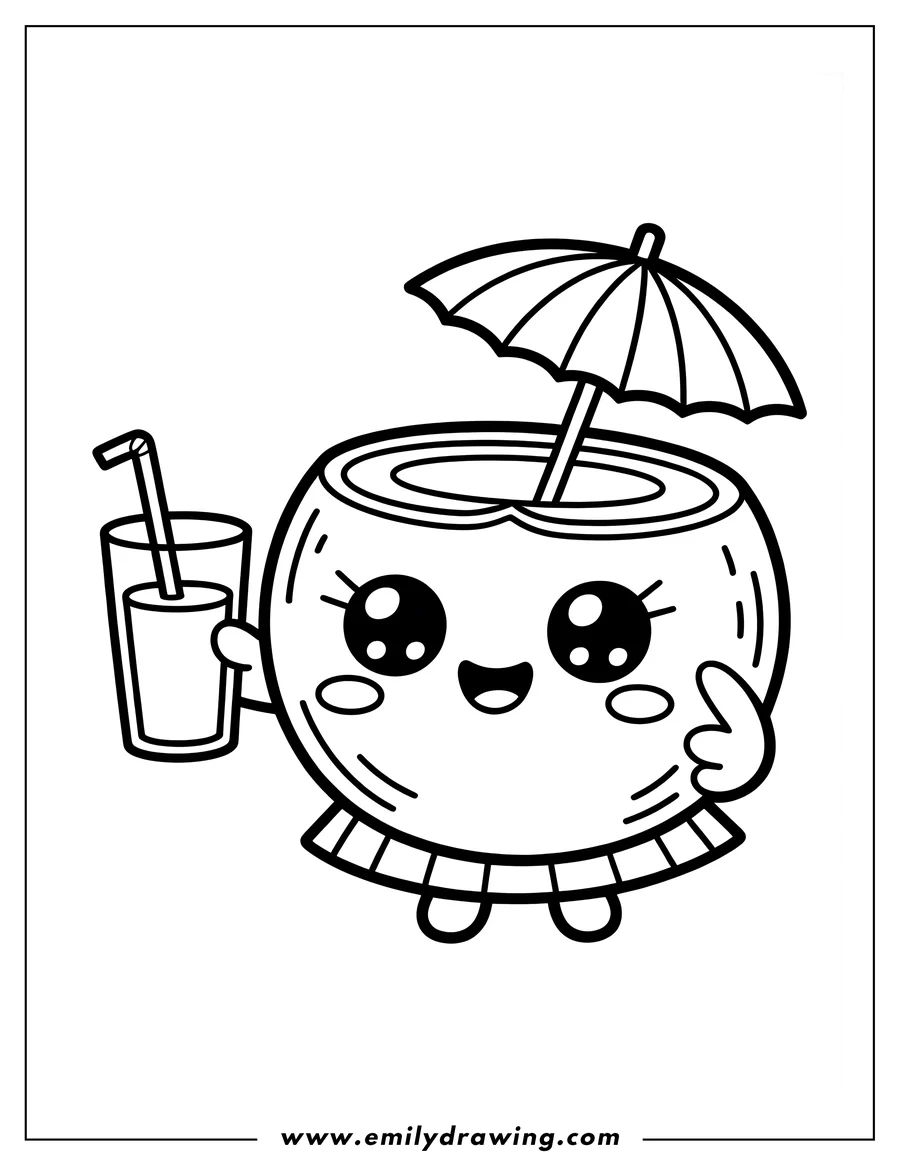 Outline of a cute, smiling coconut holding a drink with a straw and a small umbrella on top.