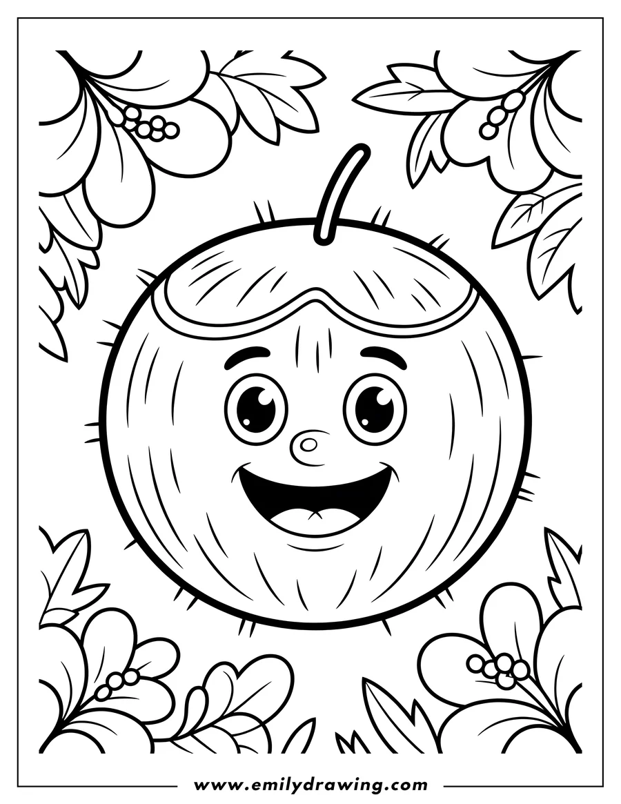 Line art of a happy coconut surrounded by tropical flowers. The coconut has large, friendly eyes and a wide smile.