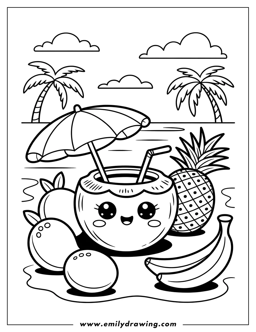 Line art of a smiling coconut with two straws and a small beach umbrella on a sandy beach with palm trees, pineapple, bananas, and two other round fruits.