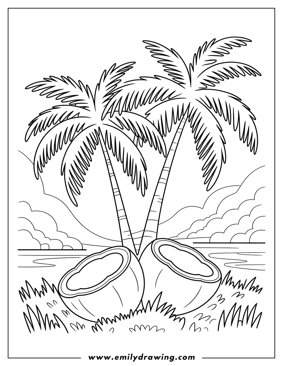 Line art of two coconuts on the ground with two palm trees and a beach background