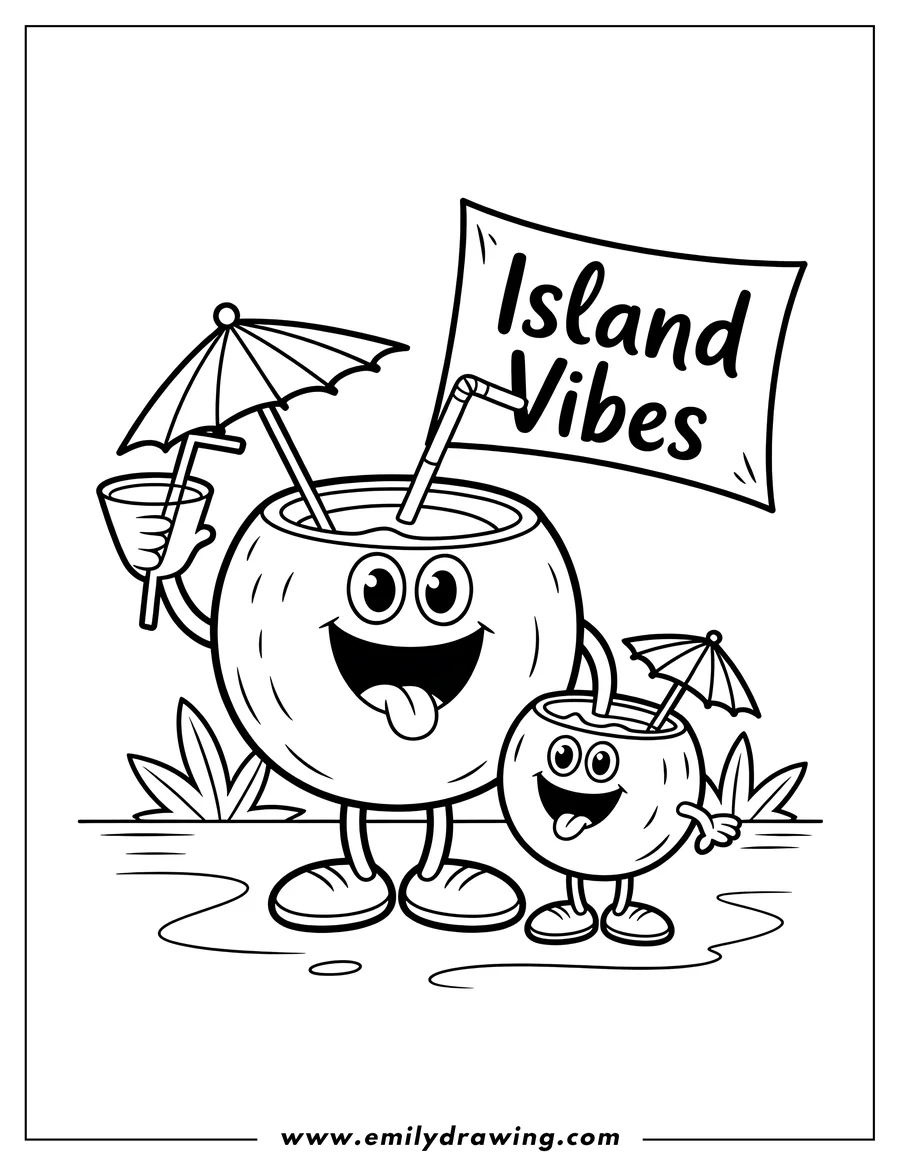 Two cartoon coconuts with smiling faces, legs, and arms are enjoying island life, one holding a drink with a tiny umbrella, and a sign reading 'Island Vibes' in the background.