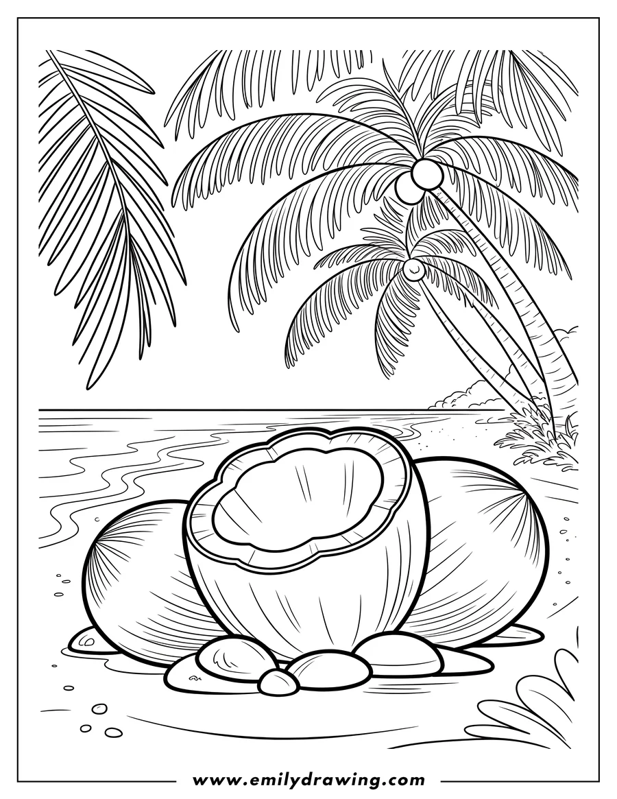 Line art of two coconuts on a beach with palm trees and ocean in the background.