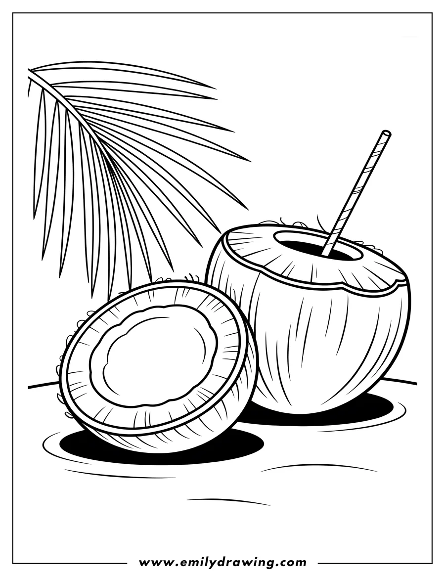 Line art of two coconuts, one with a straw and one split open, next to a palm leaf.