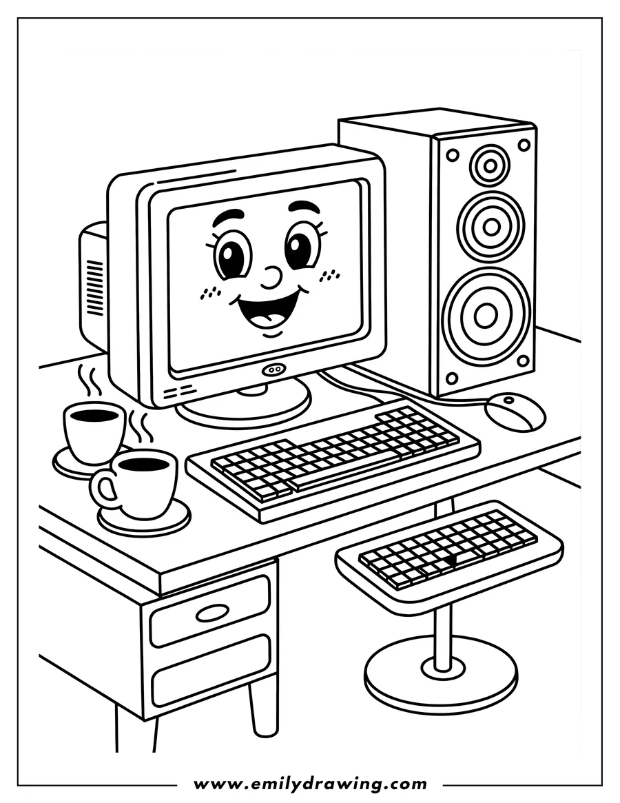 Line art of a happy computer on a desk with keyboard, mouse, speaker, and two steaming mugs.