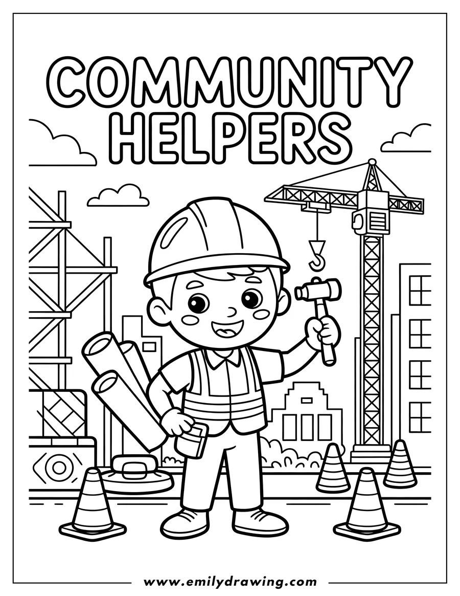 Line art of a construction worker wearing a safety vest and holding a hammer and blueprints, standing at a construction site with a crane and traffic cones.